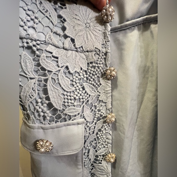 Blue lace mini Self-Portrait dress with crystal belt and cute button details. - Picture 6 of 8